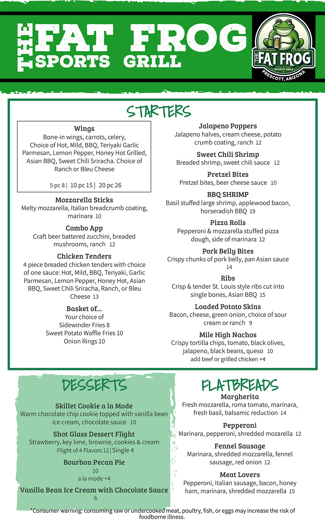The Fat Frog Sports Grill in Prescott, Arizona - Food Menu